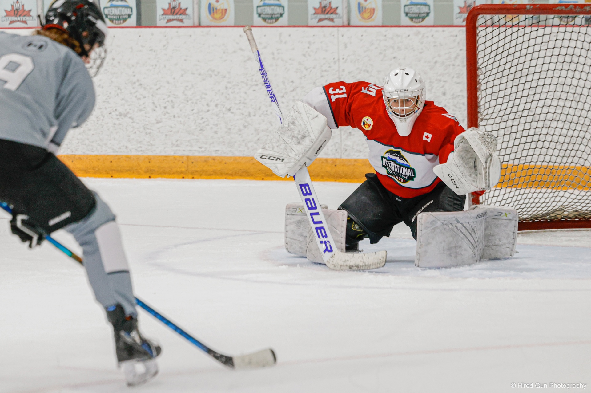 Goaltender squaring up for a shot